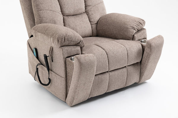 English Elm Old Age Velvet Power Lift Recliner with Dual Motors Heating Massage and Full Flat Recline Light Brown W547S00035