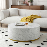 English Elm Faux Marble Coffee Tables For Living Room, 35.43Inch Accent Tea Tables With Gold Metal Base(White)