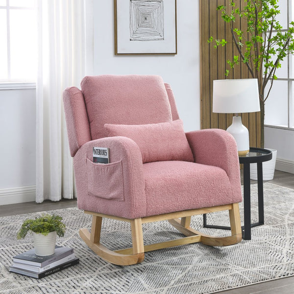 English Elm Welike 27.5" W Modern High Back Rocking Chair with Lumbar Pillow, Side Pockets, Cozy Design Pink Teddy W834105961