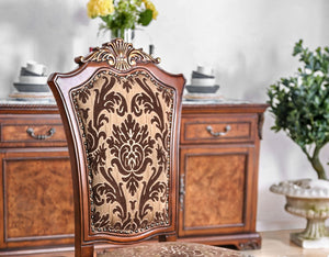 English Elm Traditional Brown Cherry Side Chairs Set of 2 — Solid Wood, Intricate Carved Backs, Floral Upholstery, Formal Dining Room Elegance B011113348