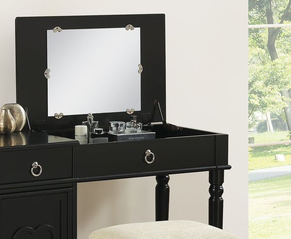 English Elm Bedroom Vanity Set with Stool and Flip Mirror Storage, Heart Accent Drawer, Kid-Friendly Design Black 24 L x 27 W x 34 H B011113339