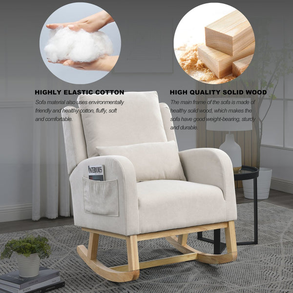 English Elm Welike 27.5" W Modern High Back Rocking Chair with Lumbar Pillow, Side Pockets, Cozy Design Beige W834105963