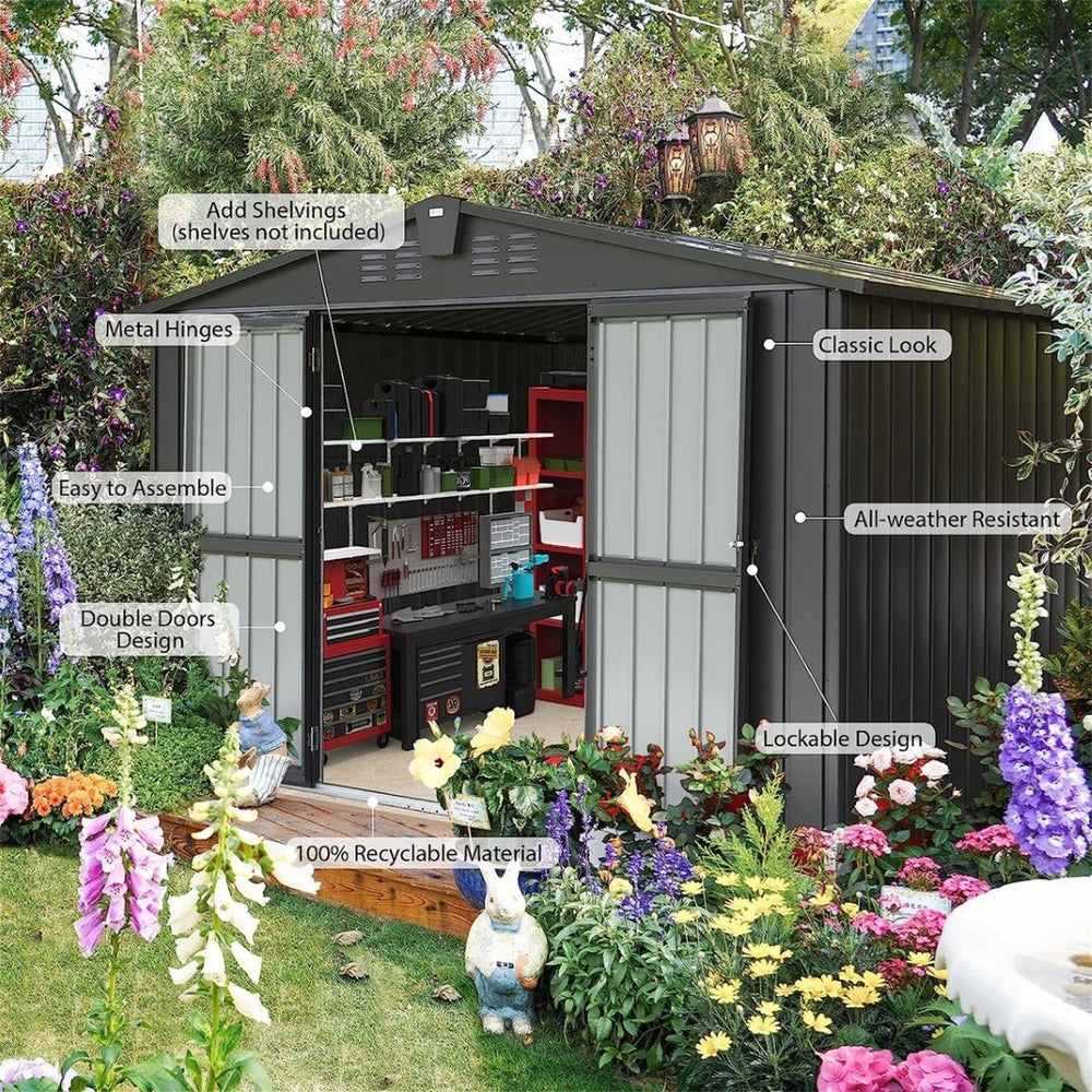 English Elm Outdoor Galvanized Steel Storage Shed 10x8 Lockable Double Door Backyard Organizer W1859S00032