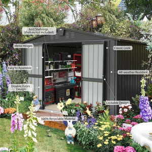 English Elm Outdoor Galvanized Steel Storage Shed 10x8 Lockable Double Door Backyard Organizer W1859S00032