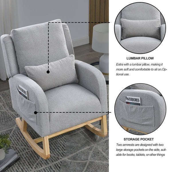English Elm Welike 27.5" W Modern Accent High Back Rocking Chair with Lumbar Pillow, Side Pockets, Cozy Upholstery and 250 lb Capacity Grey W834P356491