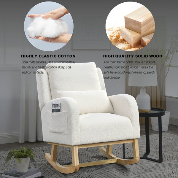 English Elm Welike 27.5" W Modern High Back Rocking Chair with Lumbar Pillow, Side Pockets, Cozy Design Ivory W834105955