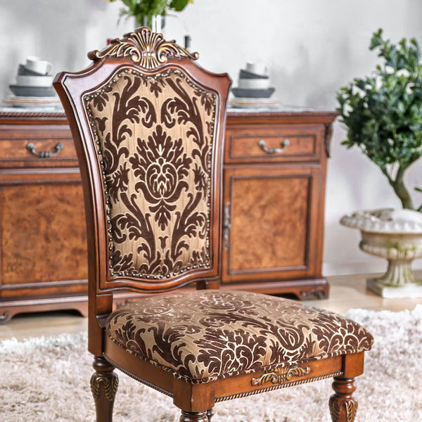 English Elm Traditional Brown Cherry Side Chairs Set of 2 — Solid Wood, Intricate Carved Backs, Floral Upholstery, Formal Dining Room Elegance B011113348