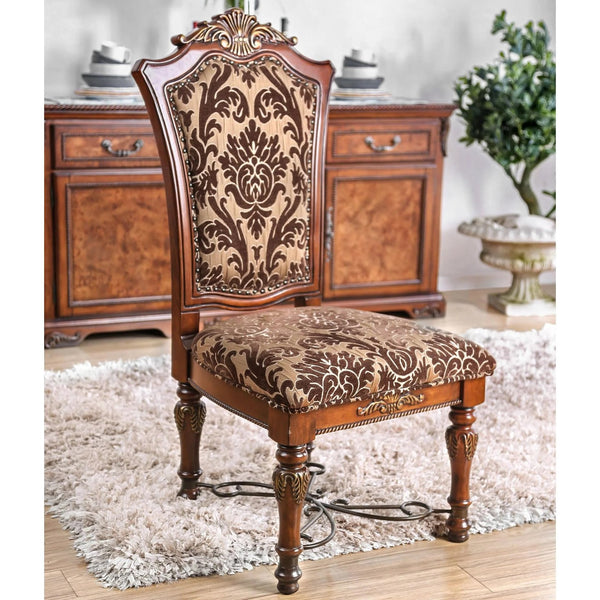 English Elm Traditional Brown Cherry Side Chairs Set of 2 — Solid Wood, Intricate Carved Backs, Floral Upholstery, Formal Dining Room Elegance B011113348