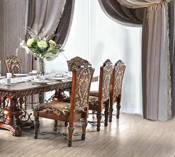 English Elm Traditional Brown Cherry Side Chairs Set of 2 — Solid Wood, Intricate Carved Backs, Floral Upholstery, Formal Dining Room Elegance B011113348