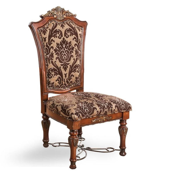 English Elm Traditional Brown Cherry Side Chairs Set of 2 — Solid Wood, Intricate Carved Backs, Floral Upholstery, Formal Dining Room Elegance B011113348