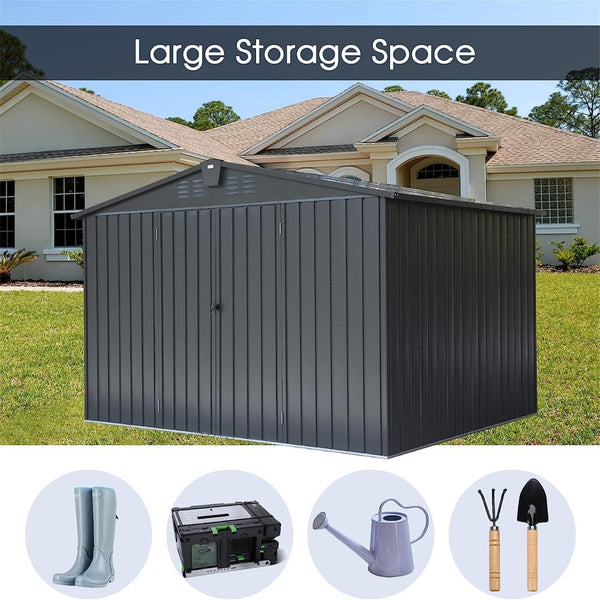 English Elm Outdoor Galvanized Steel Storage Shed 10x8 Lockable Double Door Backyard Organizer W1859S00032