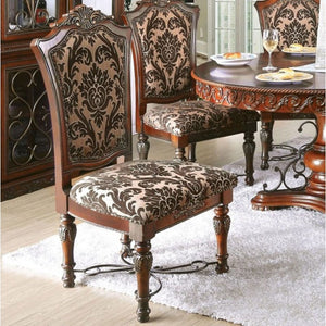 English Elm Traditional Brown Cherry Side Chairs Set of 2 — Solid Wood, Intricate Carved Backs, Floral Upholstery, Formal Dining Room Elegance B011113348