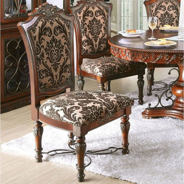 English Elm Traditional Brown Cherry Side Chairs Set of 2 — Solid Wood, Intricate Carved Backs, Floral Upholstery, Formal Dining Room Elegance B011113348