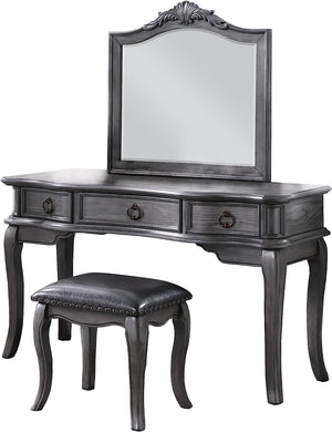 English Elm Contemporary Grey Vanity Desk Set with Padded Stool, Arched Mirror & Floral Crown, 3 Drawers, Chic Elegance B011113310