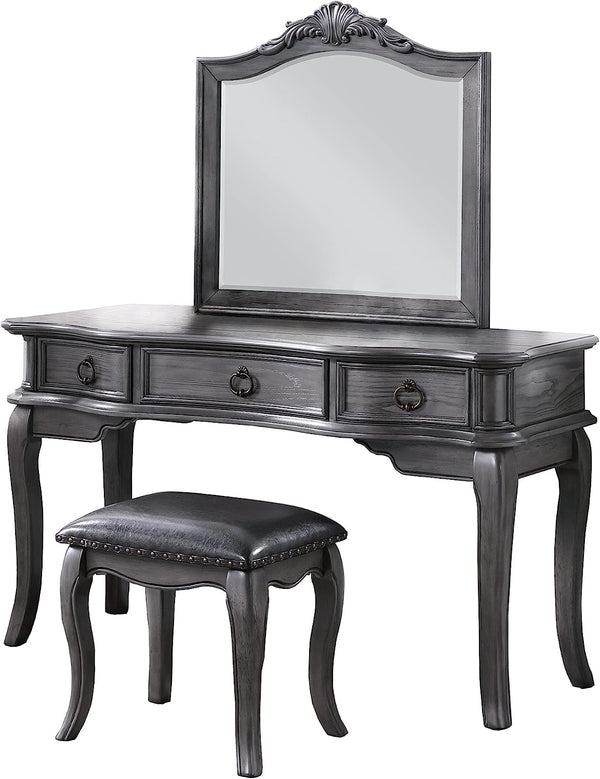 English Elm Contemporary Grey Vanity Desk Set with Padded Stool, Arched Mirror & Floral Crown, 3 Drawers, Chic Elegance B011113310