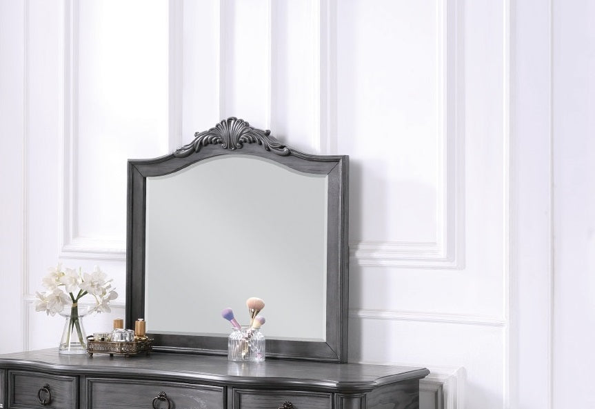 English Elm Contemporary Grey Vanity Desk Set with Padded Stool, Arched Mirror & Floral Crown, 3 Drawers, Chic Elegance B011113310