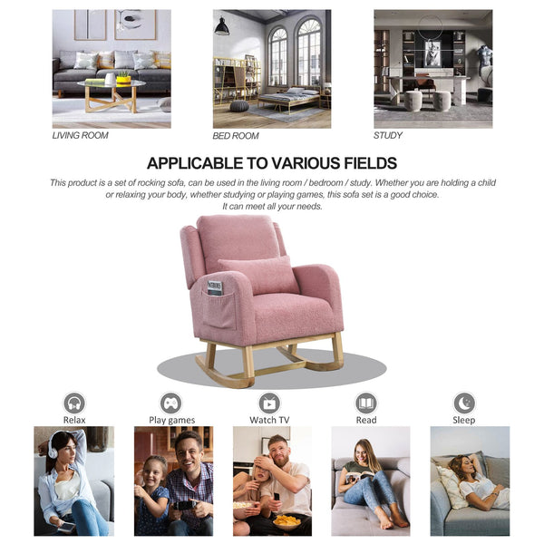 English Elm Welike 27.5" W Modern High Back Rocking Chair with Lumbar Pillow, Side Pockets, Cozy Design Pink Teddy W834105961