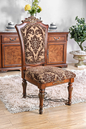 English Elm Traditional Brown Cherry Side Chairs Set of 2 — Solid Wood, Intricate Carved Backs, Floral Upholstery, Formal Dining Room Elegance B011113348