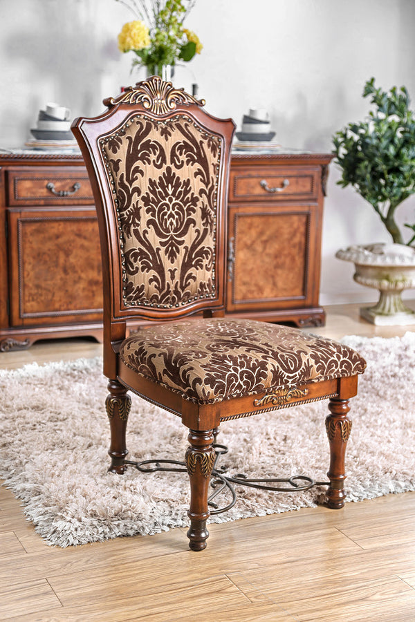 English Elm Traditional Brown Cherry Side Chairs Set of 2 — Solid Wood, Intricate Carved Backs, Floral Upholstery, Formal Dining Room Elegance B011113348