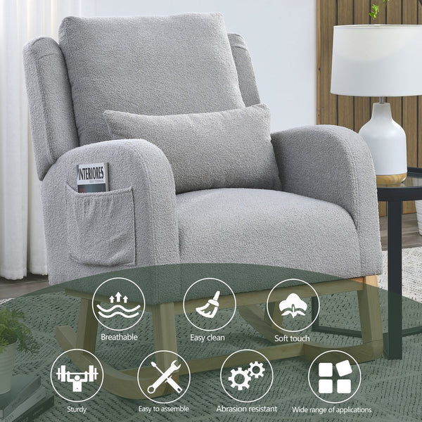 English Elm Welike 27.5" W Modern High Back Rocking Chair with Lumbar Pillow, Side Pockets, Cozy Design Grey Teddy W834105957