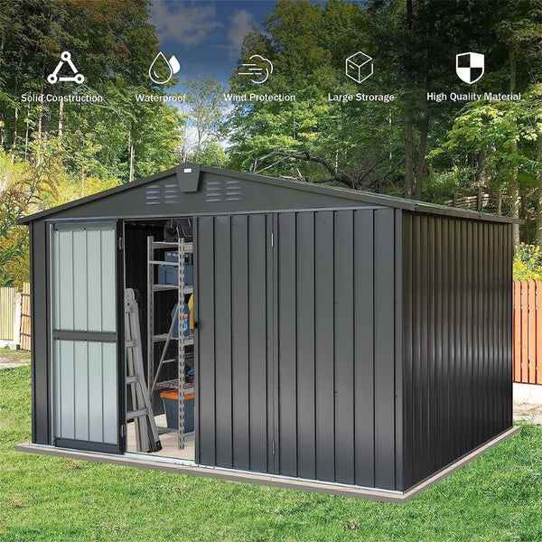 English Elm Outdoor Galvanized Steel Storage Shed 10x8 Lockable Double Door Backyard Organizer W1859S00032