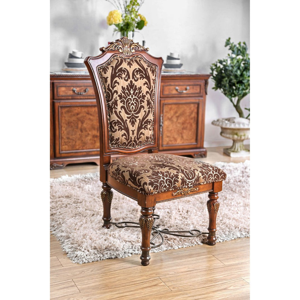 English Elm Traditional Brown Cherry Side Chairs Set of 2 — Solid Wood, Intricate Carved Backs, Floral Upholstery, Formal Dining Room Elegance B011113348