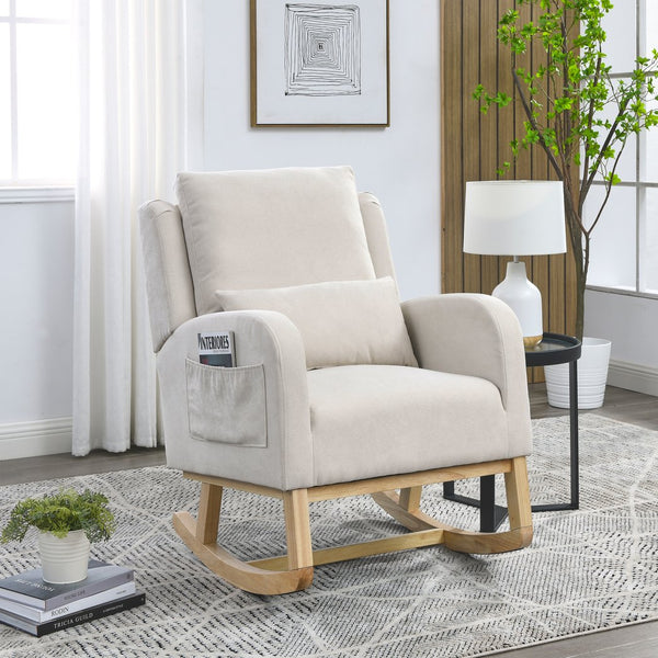 English Elm Welike 27.5" W Modern High Back Rocking Chair with Lumbar Pillow, Side Pockets, Cozy Design Beige W834105963