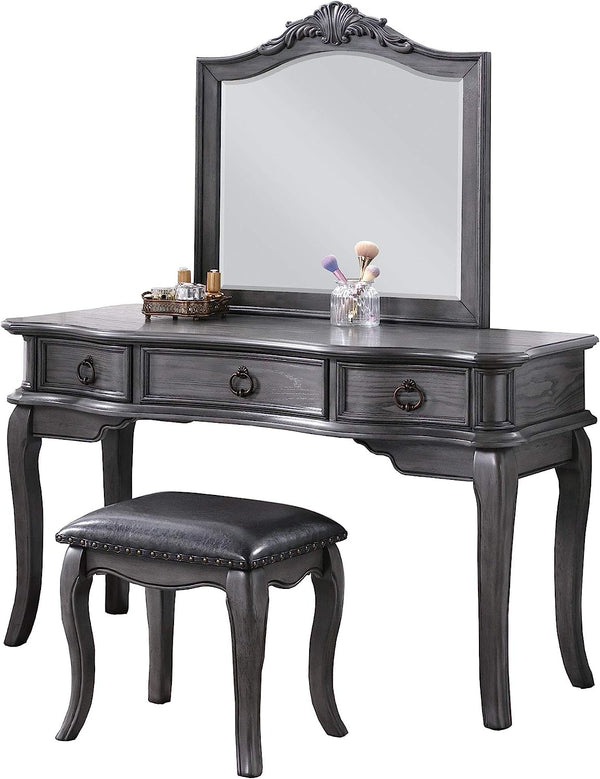 English Elm Contemporary Grey Vanity Desk Set with Padded Stool, Arched Mirror & Floral Crown, 3 Drawers, Chic Elegance B011113310