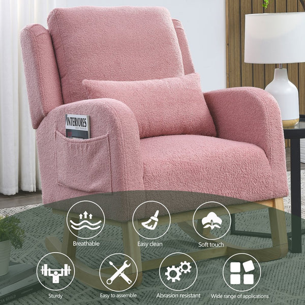 English Elm Welike 27.5" W Modern High Back Rocking Chair with Lumbar Pillow, Side Pockets, Cozy Design Pink Teddy W834105961