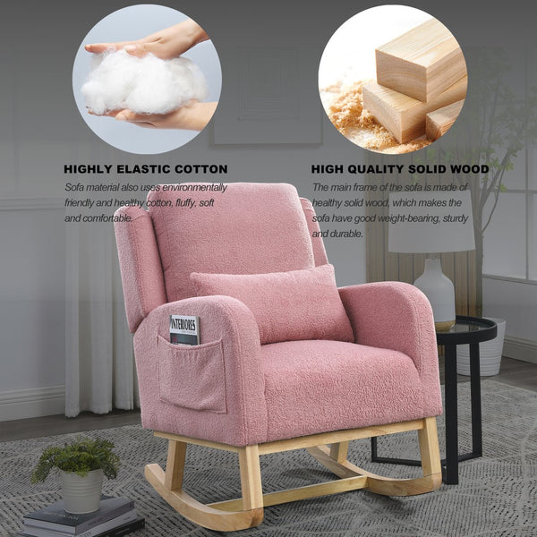 English Elm Welike 27.5" W Modern High Back Rocking Chair with Lumbar Pillow, Side Pockets, Cozy Design Pink Teddy W834105961