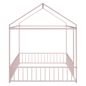 English Elm Full Metal House Bed Frame Full Size with Roof & Safety Fence, Sturdy Play-Sleep Space for Kids Pink MF304787AAH