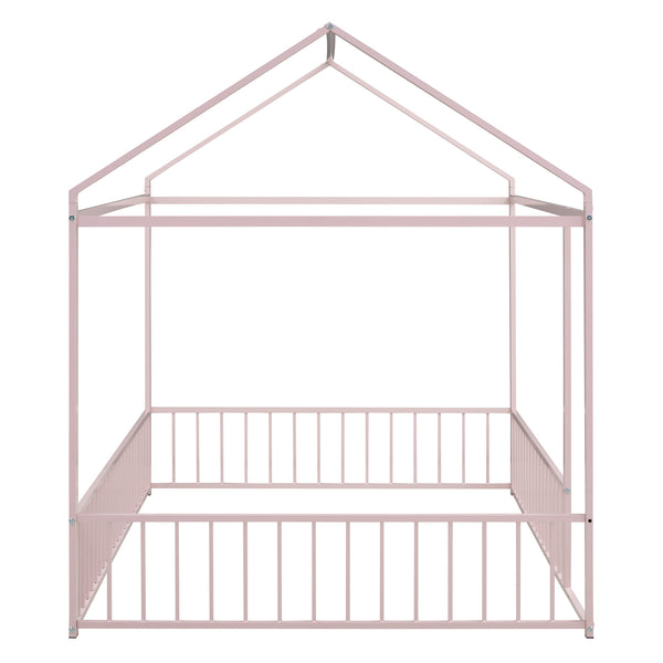 English Elm Full Metal House Bed Frame Full Size with Roof & Safety Fence, Sturdy Play-Sleep Space for Kids Pink MF304787AAH