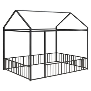 English Elm Full Metal House Bed Frame Full Size with Roof & Safety Fence, Sturdy Play-Sleep Space for Kids Black MF304787AAB