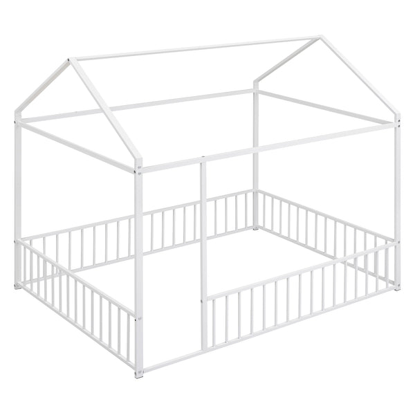 English Elm Full Metal House Bed Frame Full Size with Roof & Safety Fence, Sturdy Play-Sleep Space for Kids White MF304787AAK