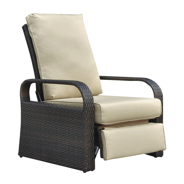 English Elm Outdoor Recliner - Adjustable Wicker Lounge Chair with 5.12" Thick Cushion, Rust‑Resistant Aluminum Frame, Khaki W1889109402