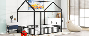 English Elm Full Metal House Bed Frame Full Size with Roof & Safety Fence, Sturdy Play-Sleep Space for Kids Black MF304787AAB