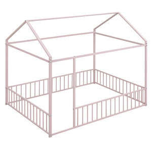 English Elm Full Metal House Bed Frame Full Size with Roof & Safety Fence, Sturdy Play-Sleep Space for Kids Pink MF304787AAH