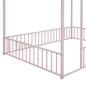 English Elm Full Metal House Bed Frame Full Size with Roof & Safety Fence, Sturdy Play-Sleep Space for Kids Pink MF304787AAH