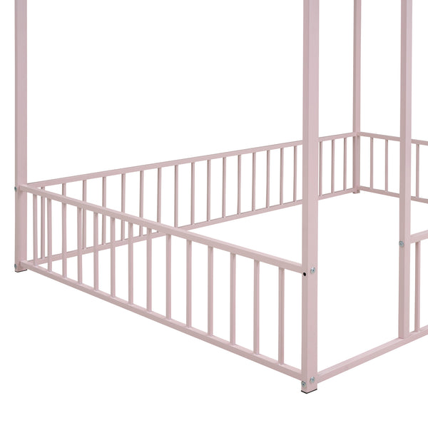 English Elm Full Metal House Bed Frame Full Size with Roof & Safety Fence, Sturdy Play-Sleep Space for Kids Pink MF304787AAH