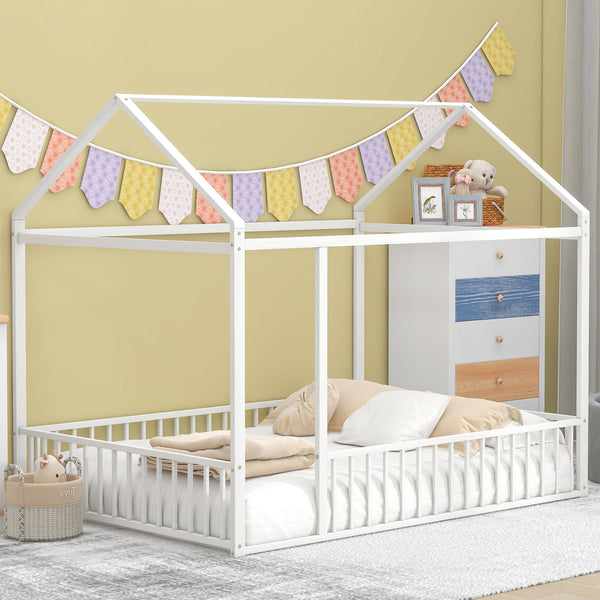 English Elm Full Metal House Bed Frame Full Size with Roof & Safety Fence, Sturdy Play-Sleep Space for Kids White MF304787AAK
