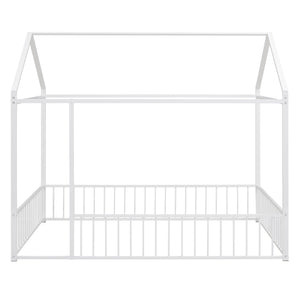 English Elm Full Metal House Bed Frame Full Size with Roof & Safety Fence, Sturdy Play-Sleep Space for Kids White MF304787AAK