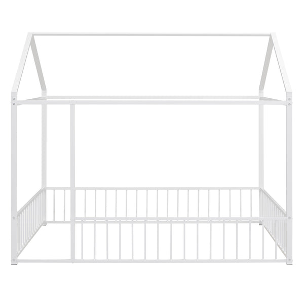 English Elm Full Metal House Bed Frame Full Size with Roof & Safety Fence, Sturdy Play-Sleep Space for Kids White MF304787AAK