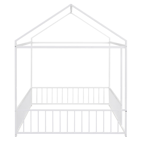 English Elm Full Metal House Bed Frame Full Size with Roof & Safety Fence, Sturdy Play-Sleep Space for Kids White MF304787AAK