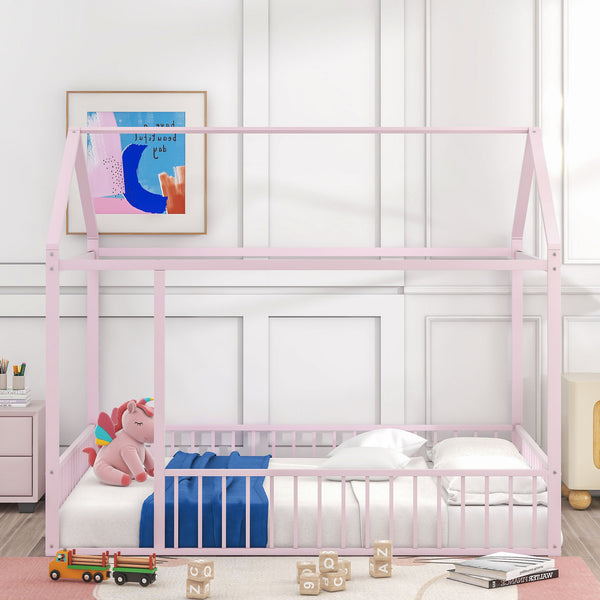 English Elm Full Metal House Bed Frame Full Size with Roof & Safety Fence, Sturdy Play-Sleep Space for Kids Pink MF304787AAH