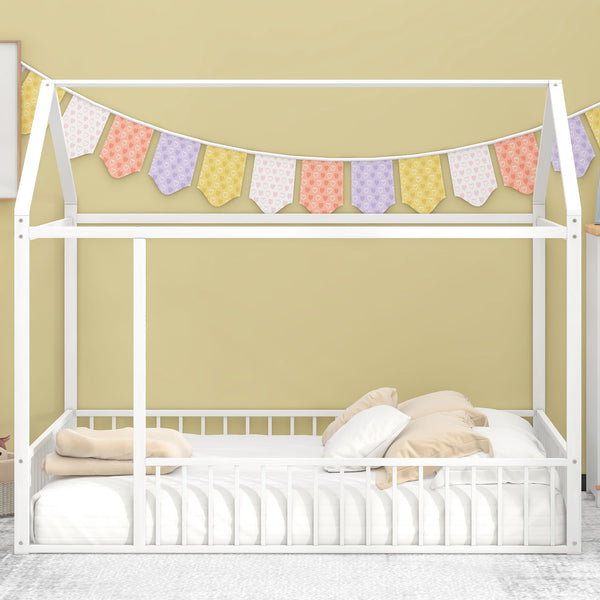 English Elm Full Metal House Bed Frame Full Size with Roof & Safety Fence, Sturdy Play-Sleep Space for Kids White MF304787AAK