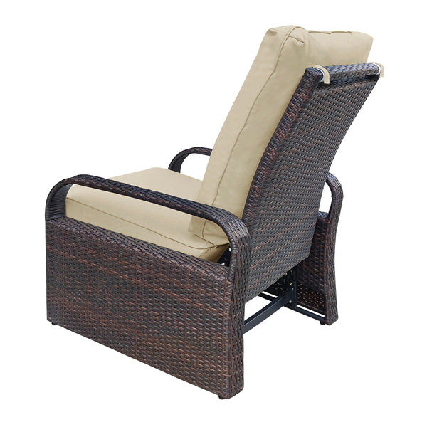 English Elm Outdoor Recliner - Adjustable Wicker Lounge Chair with 5.12" Thick Cushion, Rust‑Resistant Aluminum Frame, Khaki W1889109402
