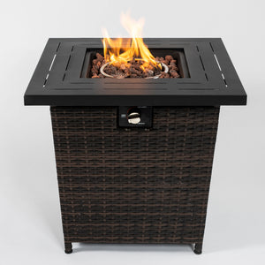 English Elm 28" 28inch Propane Fire Pit Table 50000 BTU Square Steel Outdoor Patio Table with Rocks Lid Black Brown W853102854