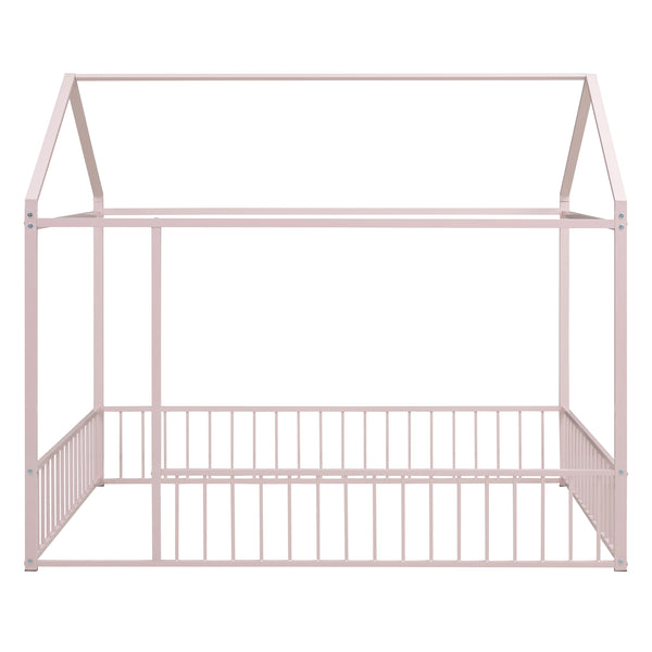 English Elm Full Metal House Bed Frame Full Size with Roof & Safety Fence, Sturdy Play-Sleep Space for Kids Pink MF304787AAH