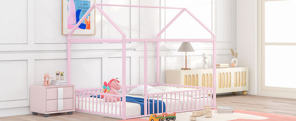 English Elm Full Metal House Bed Frame Full Size with Roof & Safety Fence, Sturdy Play-Sleep Space for Kids Pink MF304787AAH