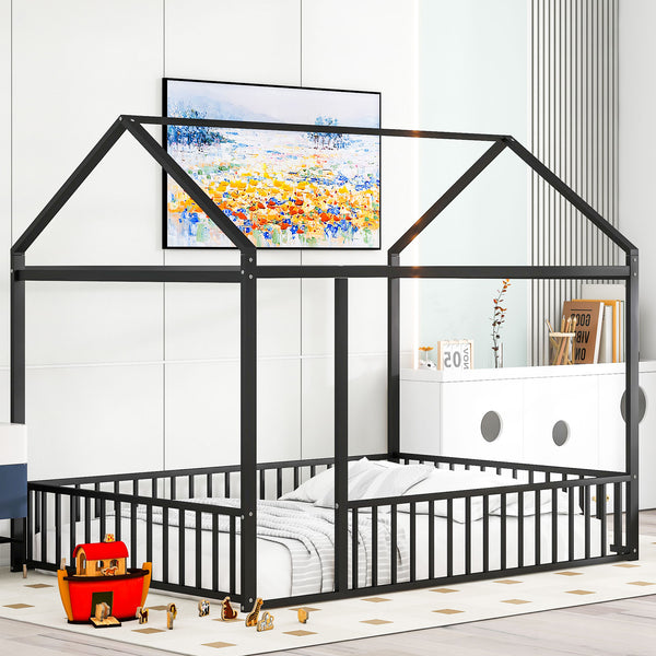 English Elm Full Metal House Bed Frame Full Size with Roof & Safety Fence, Sturdy Play-Sleep Space for Kids Black MF304787AAB